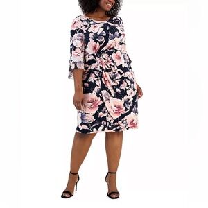 Floral 3/4 Sleeve Side Tab Dress